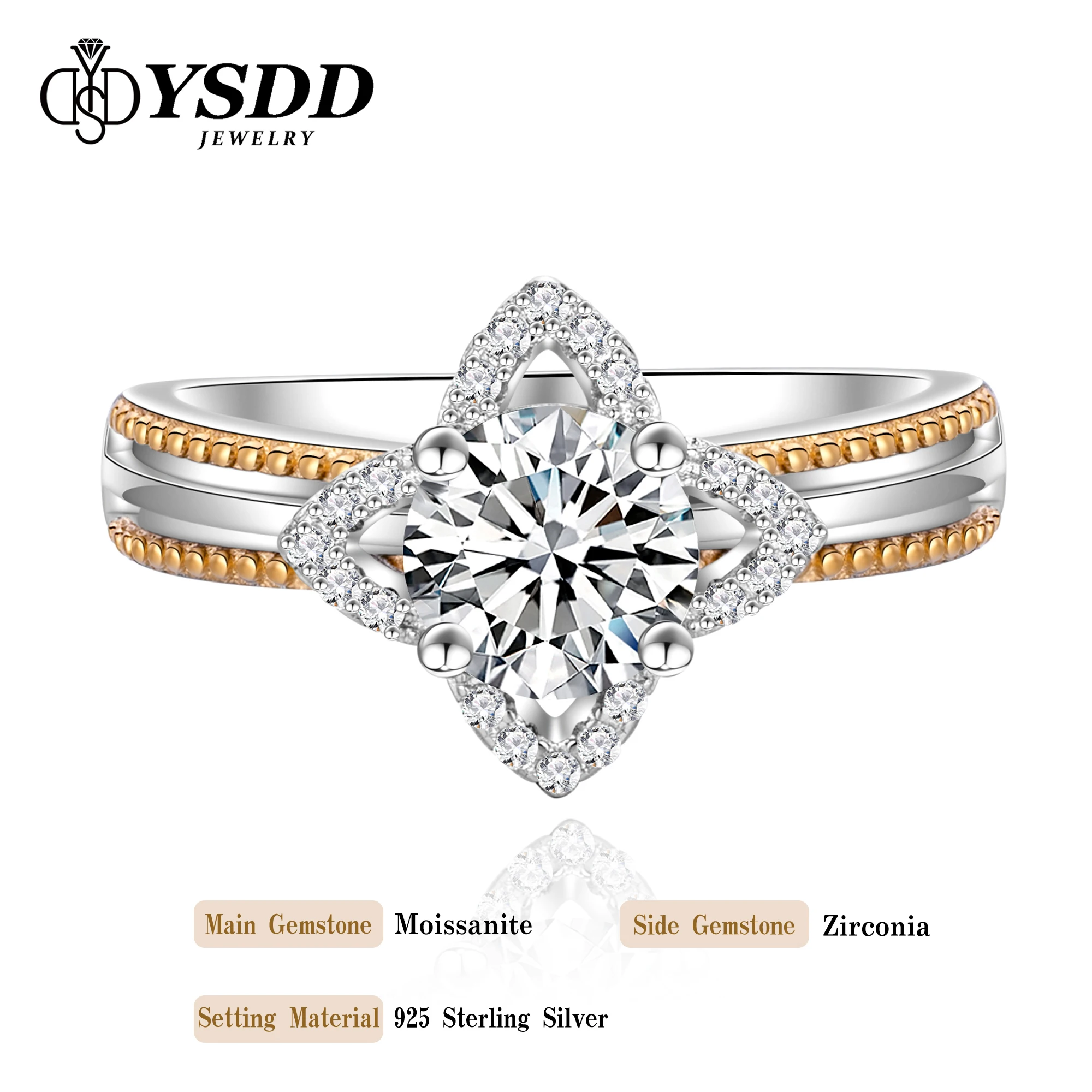 

#307 YSDD Fashion 925 Sterling silver 1 carat Mossan Diamond Star Path Four-Leaf Clover Design Ladies ring has certificate