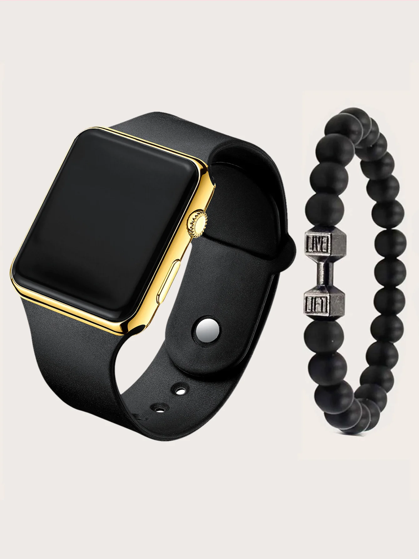 Fashion simple rectangular sports style men's digital watch and acrylic dumbbell bracelet gift trend sports wear pieces