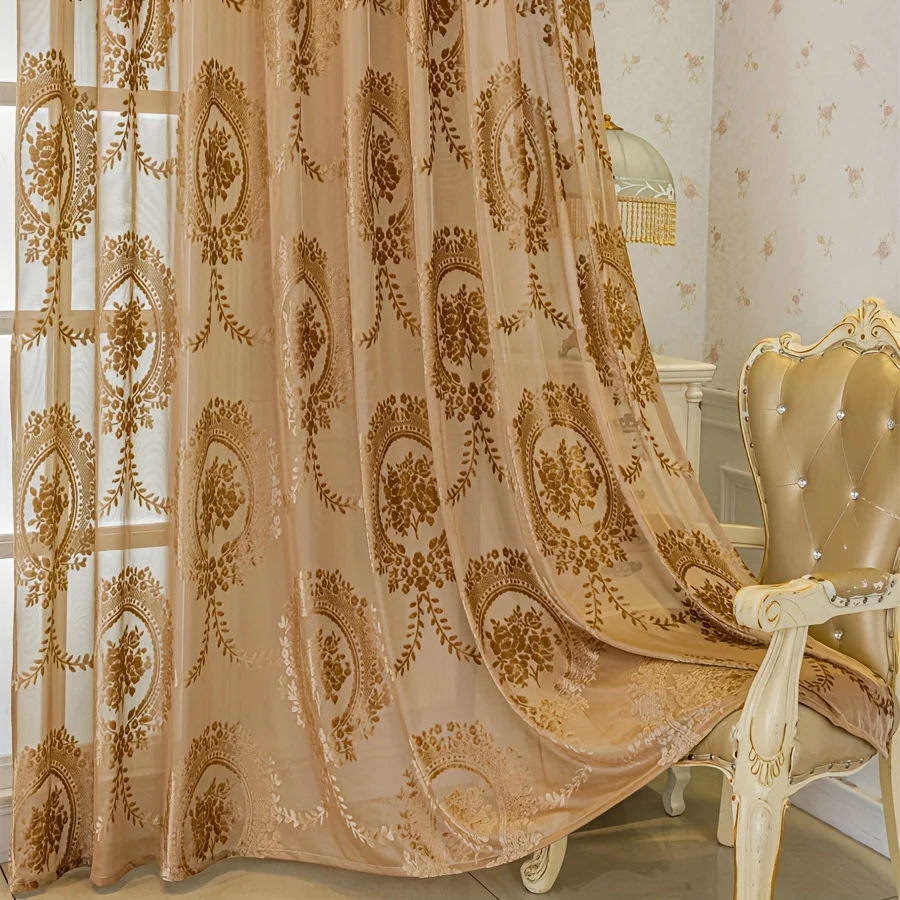 1pc Multi-Color Velvet Cut Embroidered Court Sheer Curtain, European Vintage Pattern, for Living Room Bedroom