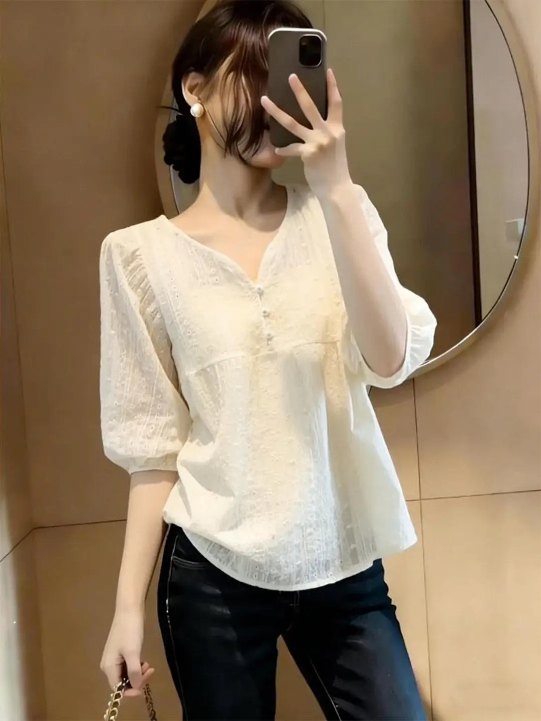 

Women's Short Sleeve Shirt Summer New Style Fashionable Lightweight Polyester Fiber V-Neck Regular Fit Sun Protection Outerwear