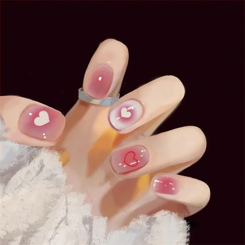 

24Pcs/Set Peach Heart Simple Press on Nails Sweet Full Coverage Adhesive Wearing False Nails Removable Short Fake Nails Tips