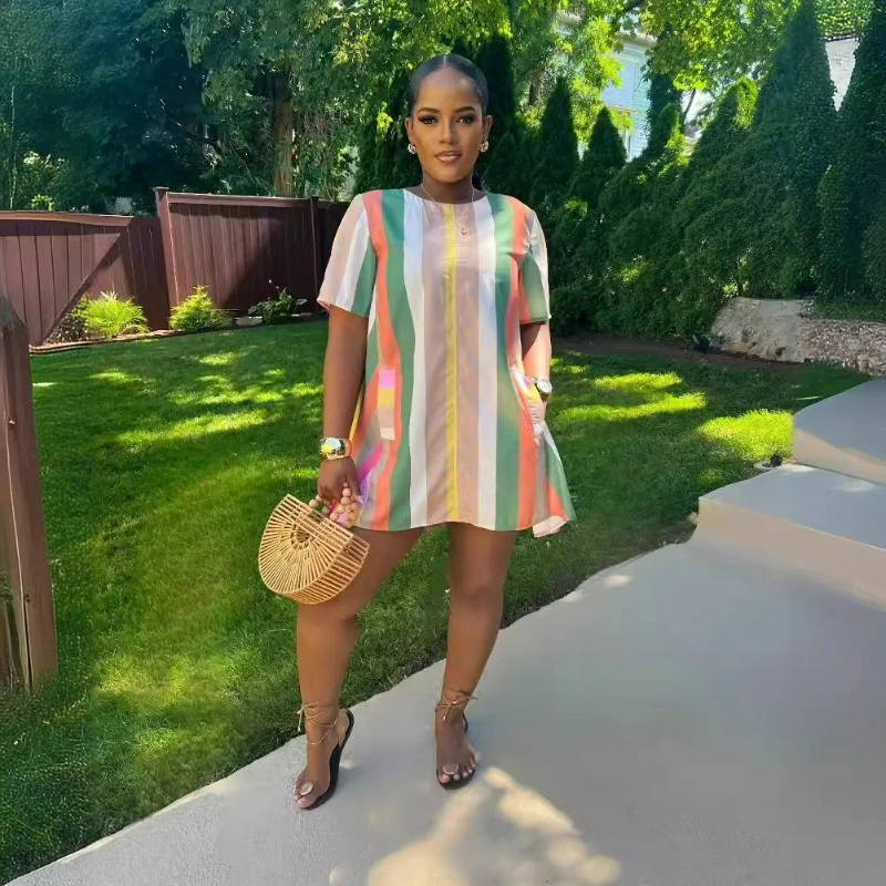 Dress Women Striped Print Short Sleeve Round Neck Mini Dresses Casual Spliced Regular Vestido Pockets Basics Summer 2025
