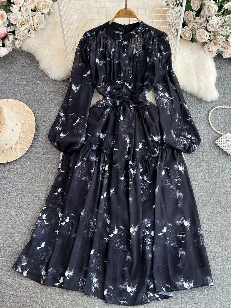 エレガントな長袖ランタンプリントAラインシフォンドレス、スリムなハイウエストガウン、若い女性のための夏のエレガントなロングドレス