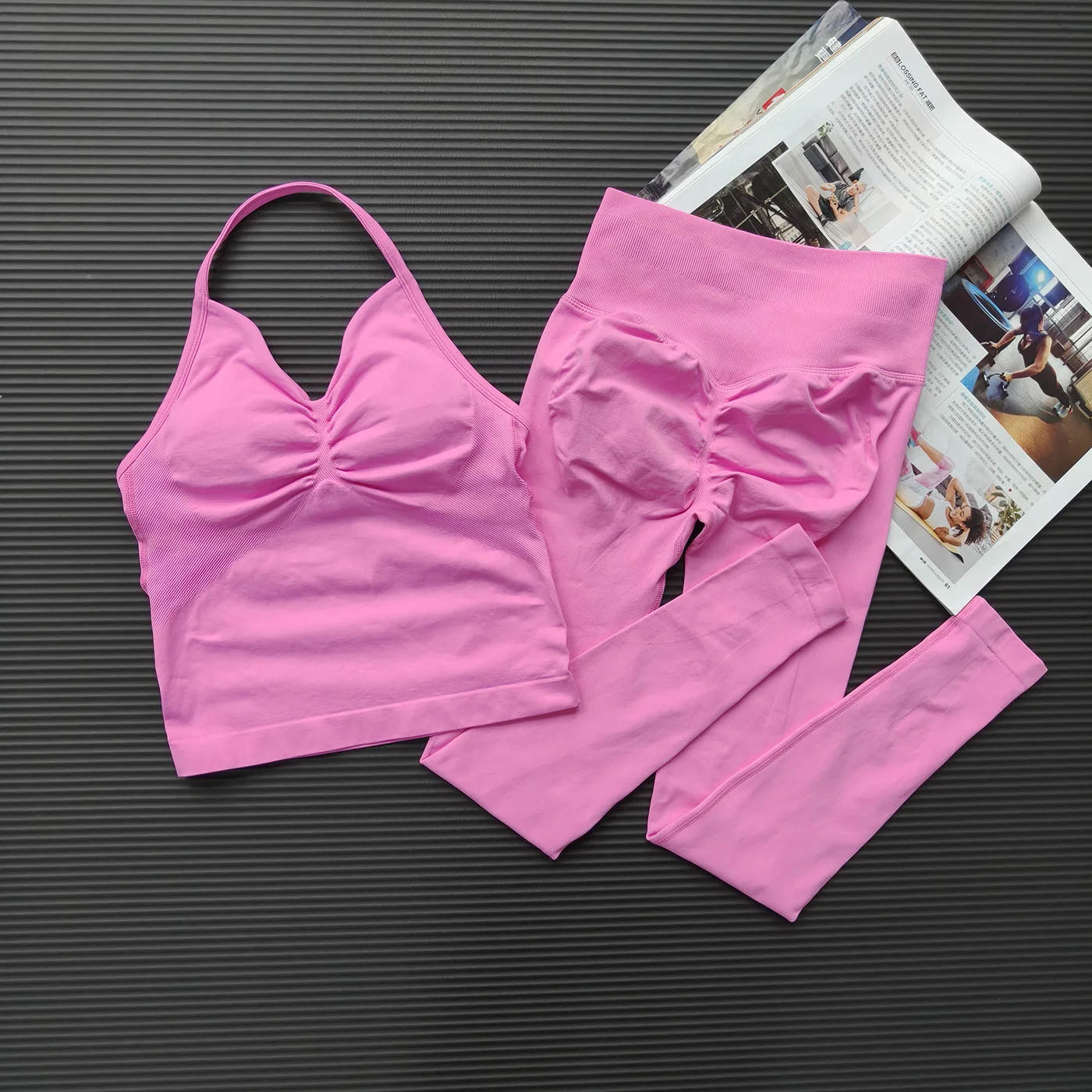 Damen High-Waist 2-Teiliges Yoga-Set Leggings-Set Rückenfreies Sport-Set Tanktop Pilates Fitness Gym-Set Scrunch-Anzug Sportbekleidung – Detail 1