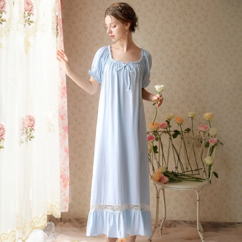 فساتين نوم نسائية صيفية من القطن والدانتيل المرقعة بأكمام قصيرة وفضفاضة ومقاس لطيف على طراز الأميرة بيجامة طويلة لراحة المنزل #3