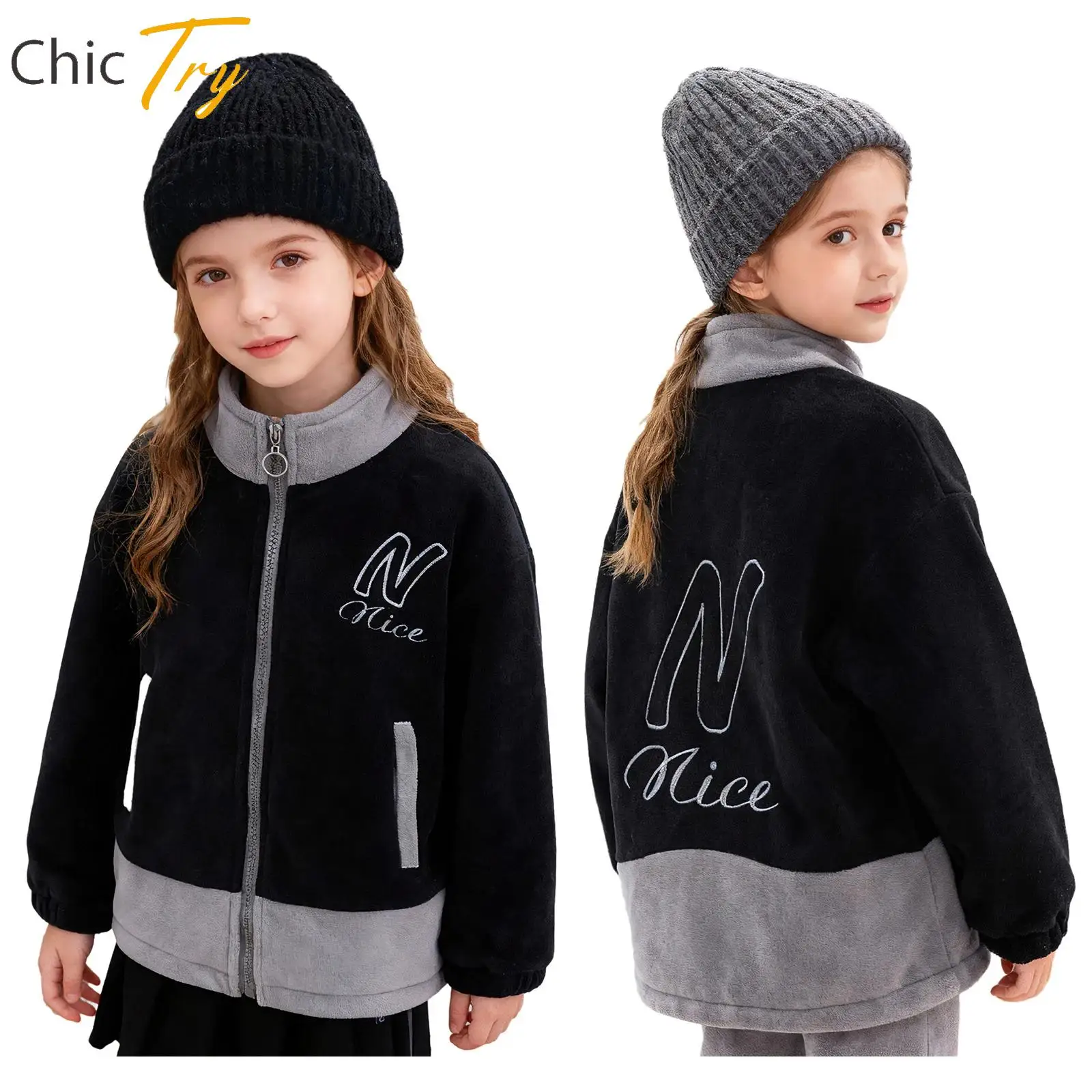 

Kids Letter Embroidery Fleece Jacket for Boys Girls Winter Clothes Warm Long Sleeves Zipper Sweatshirt Coat Outerwear Activewear