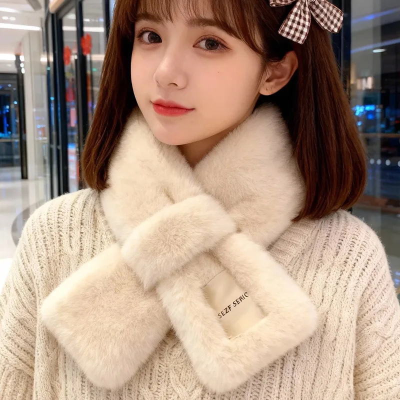 

Soft Faux Rabbit Fur Scarf for Women - Winter Warm, Minimalist Solid Color, Korean-Inspired Luxe Neck Warmer with Elegant Vibe