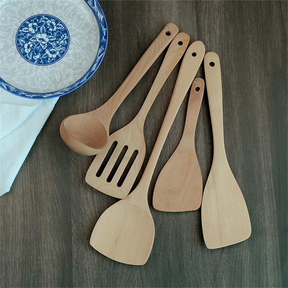 Long Handle Wooden Cooking Kitchenware Non-Slip Non-Scald Spatula Soup Spoons Household Heat Resistant Utensil Kitchen Accessory