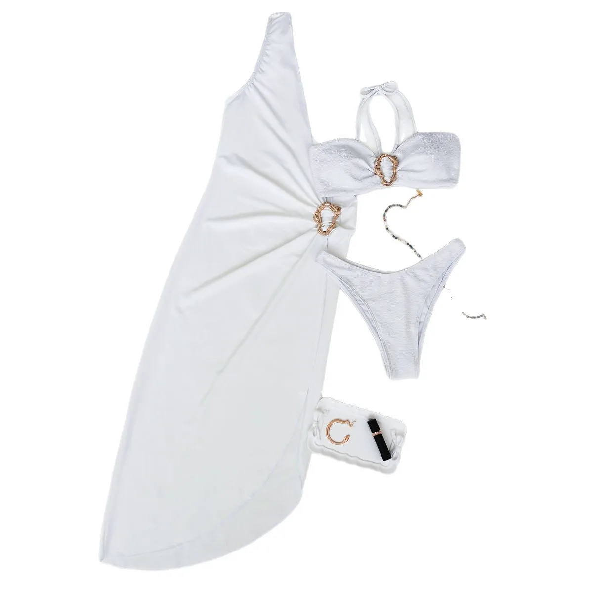 2025 новый купальник-тройка, европейское и американское бикини, сексуальный однотонный топ с разрезом и блузкой на плечах