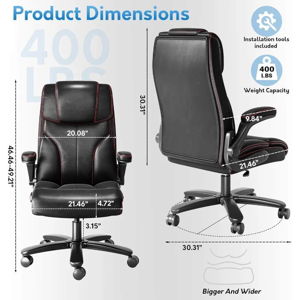 كرسي مكتب كبير وطويل 400 رطل، كرسي مكتب تنفيذي عالي الظهر بأذرع قابلة للطي، مكتب كمبيوتر مكتبي منزلي من الجلد قابل للتنفس ch