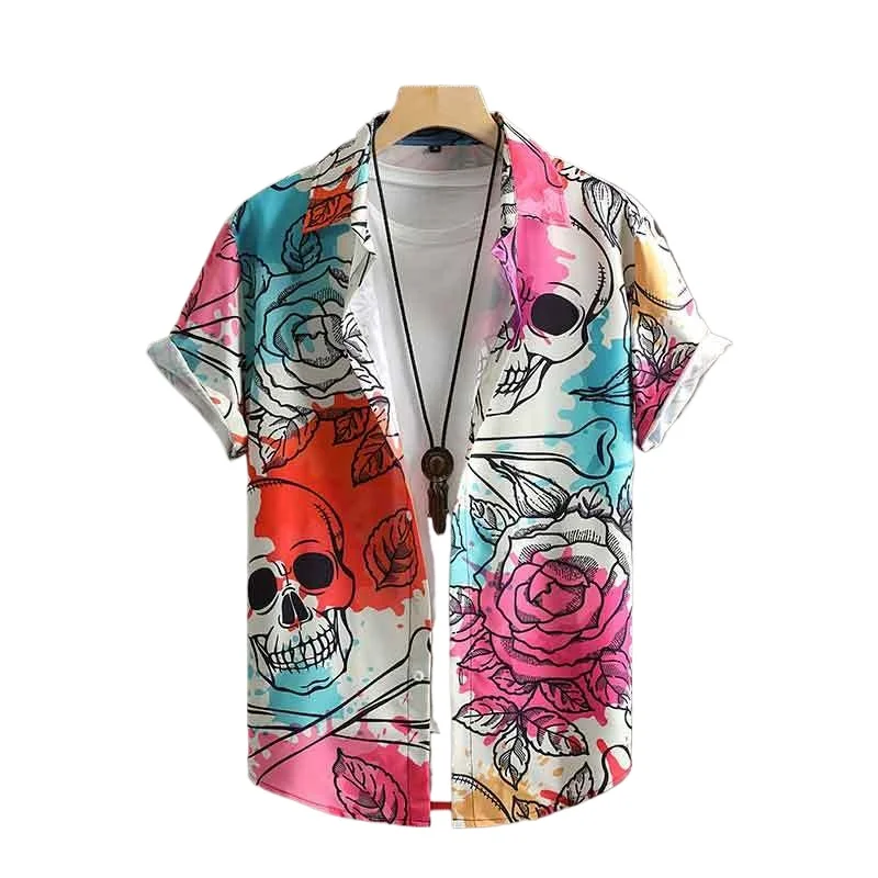 

Skeleton And Rose Pattern Casual Short Sleeve Shirt, Men's Hawaiian Shirt For Summer Vacation Resort