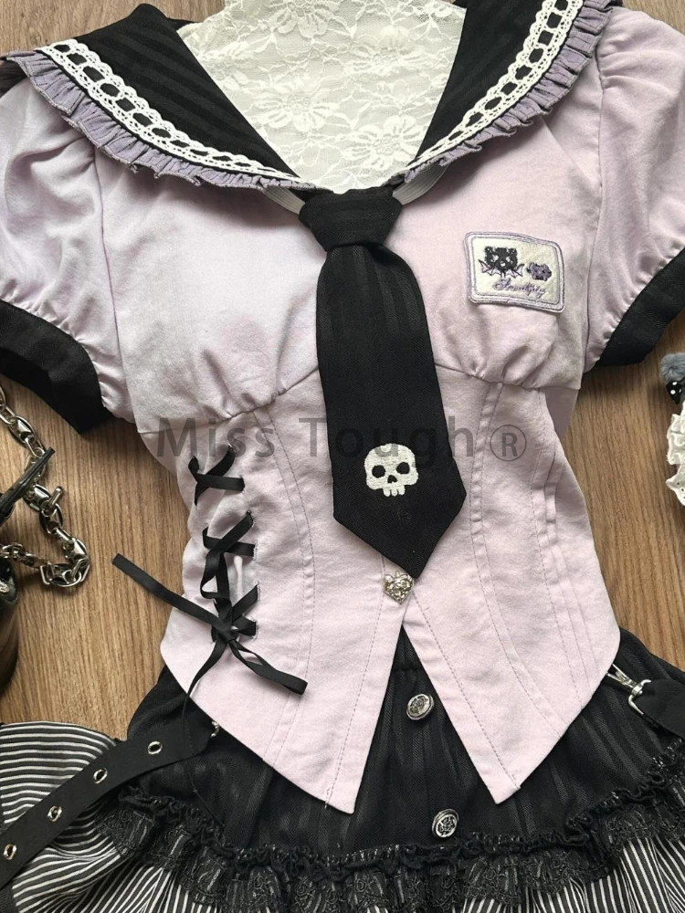 Conjunto de 2 piezas de manga corta de estilo pijo japonés para mujer, Tops Retro Y2k ajustados con cuello en V y falda de encaje con cintura elástica a rayas