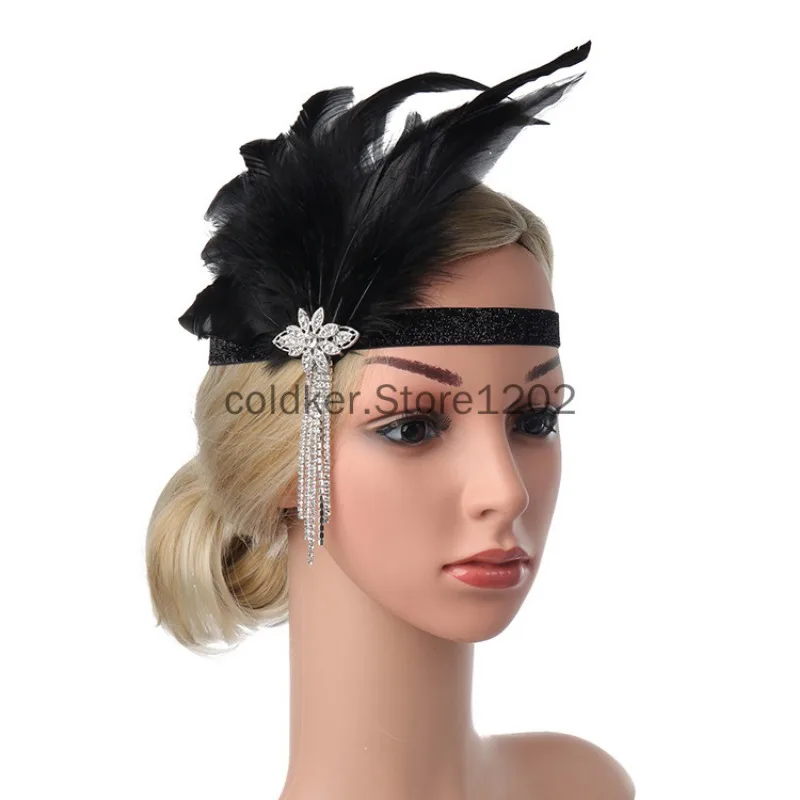 Pena strass frisado hairband para mulheres, festa Gatsby Vintage Headpiece, acessórios para cabelo, novo Flapper Headband