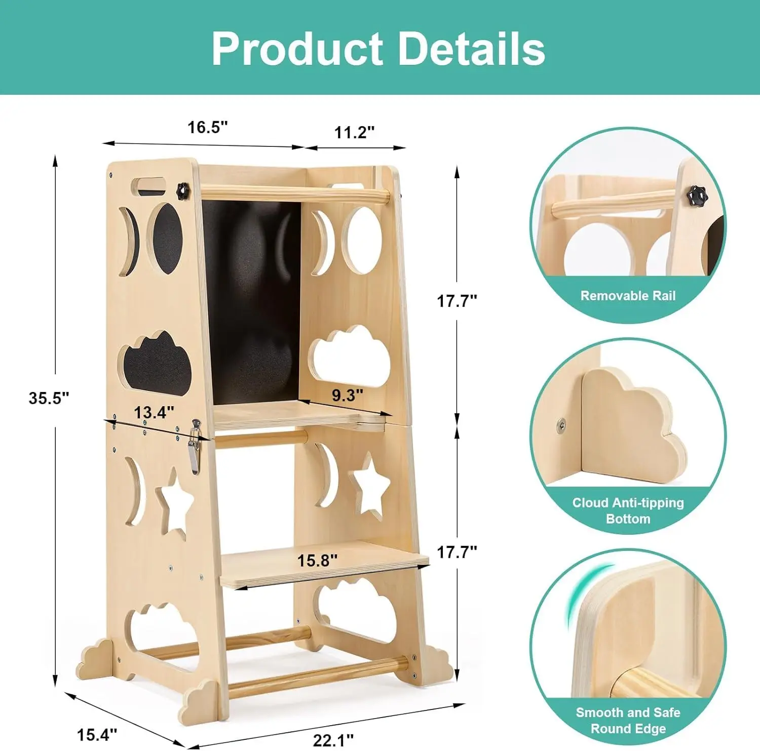 Foldable Toddler Kitchen Tower, Baby Montessori Kitchen Helper with Safety Rail, Kid Wooden Learning Tower Adjustable Step Stool