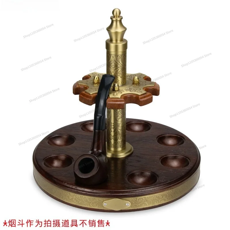 For Multiple Pipe Display Racks, Creative Retro Pure Copper Pineapple Leather Solid Wood Rotating Eight-seat Pipe Racks