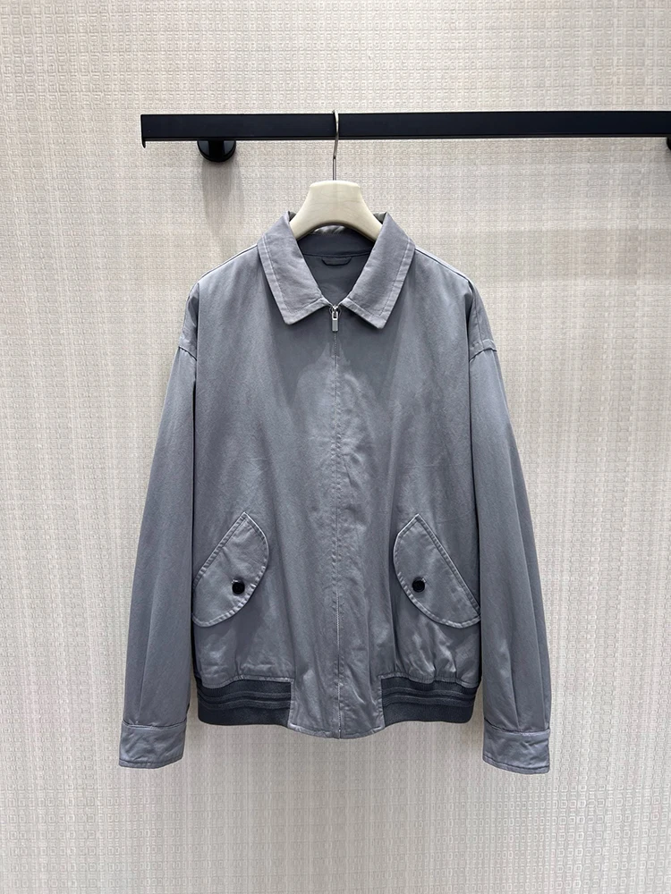 Spring Autumn Fashion Light Grey Washing With Water Cotton Jacket Women's Turn-down Collar Long Sleeve Button Pocket Jacket