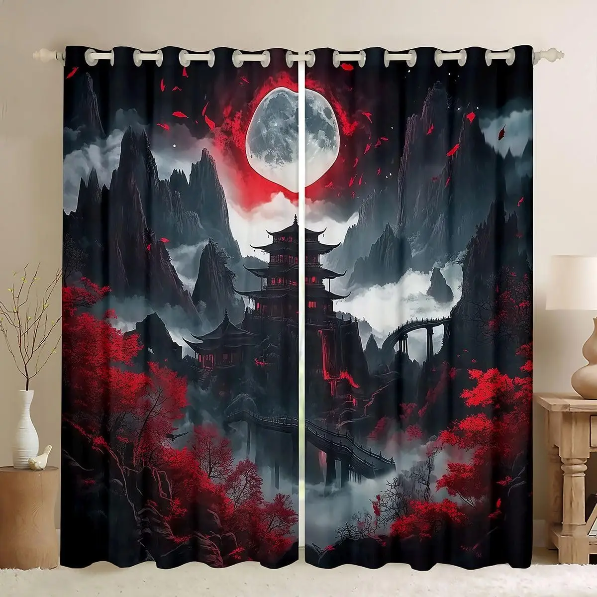 Dramatic Chinese Landscape Window Curtains Red Foliage Moonlit Mountain Pagoda Asian Style Indoor Polyester Home Decor Curtain P