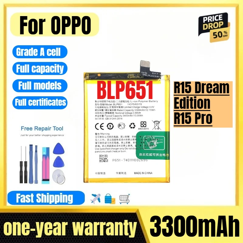 

BLP651 for OPPO R15 Dream Edition/R15 Pro Phone Battery High Quality High Capacity Replacement Bateria Grade A Cell with Tools