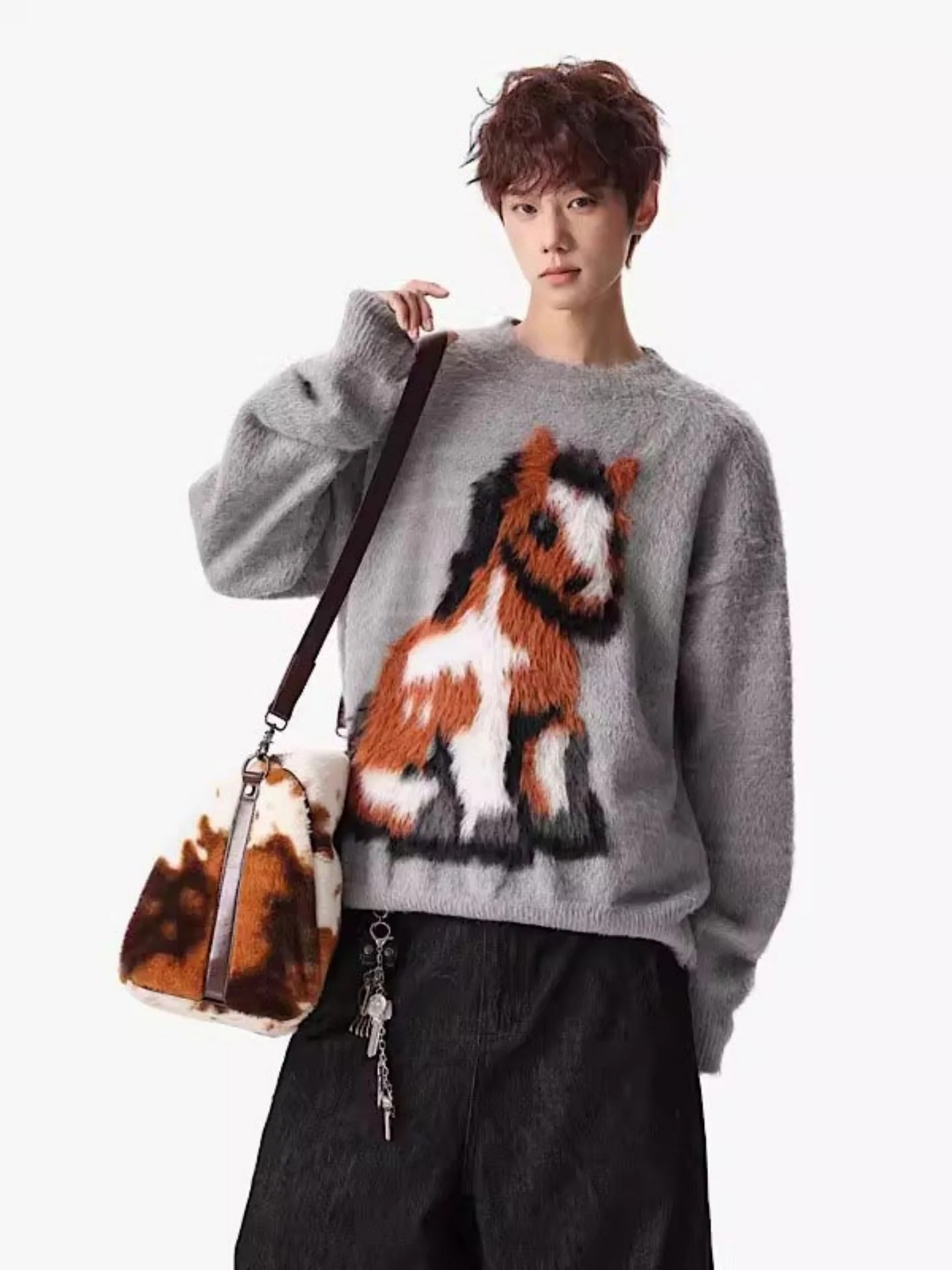 

Casual Men's round Ne Knitwear Fake Fur Design Trendy Brand Versatile Loose Fit Long Sve Warm Top for Autumn Spring