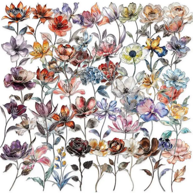 50PCS Shiny Silver Flower Stickers Self-Adhesive Plating Decals for DIY Phone Laptop Water Cup Luggage Decoration