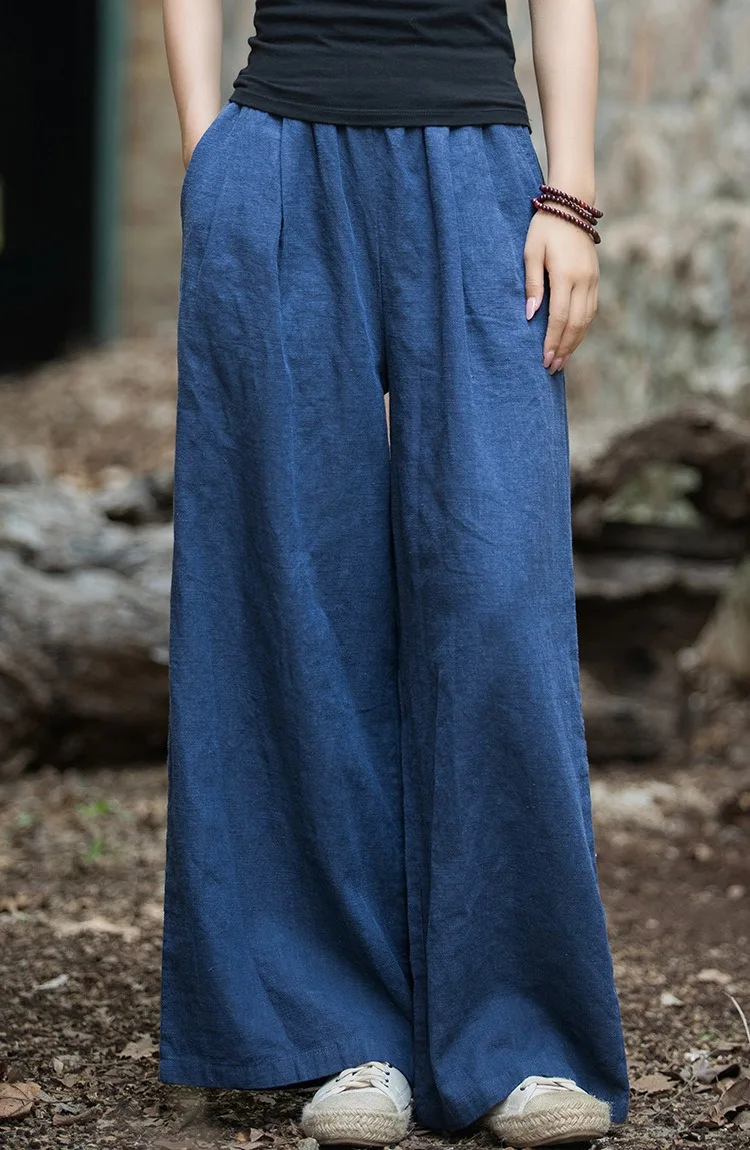 

Wide Leg Ramie Pant Women Vintage Pull On Trousers Spring Summer