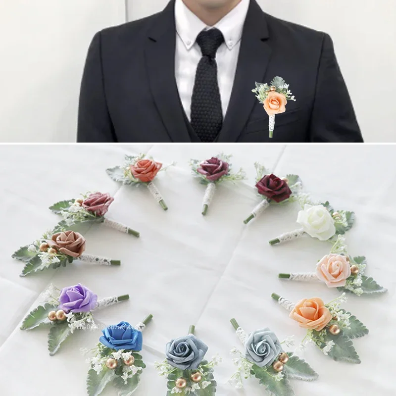 1pc Boutonnieres Flowers Artificial White Roses Silk Ivory Corsage Buttonhole Groomsmen Boutonniere for Men Wedding Supplies