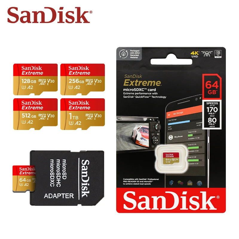 Карта памяти SanDisk TransFlash Extreme A2 U3 V30 microSDXC 1 ТБ 512 ГБ 256 ГБ 128 ГБ 64 ГБ Карта цифровой памяти с памятью до 190 МБ/с