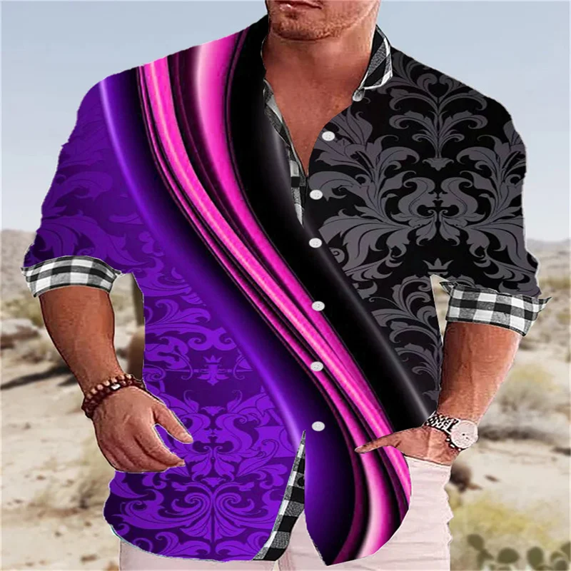 Spring and Autumn Men's 3D Wave Print Latest Fashion Brand Long Sleeve Cardigan Shirt Casual Top Single Breasted