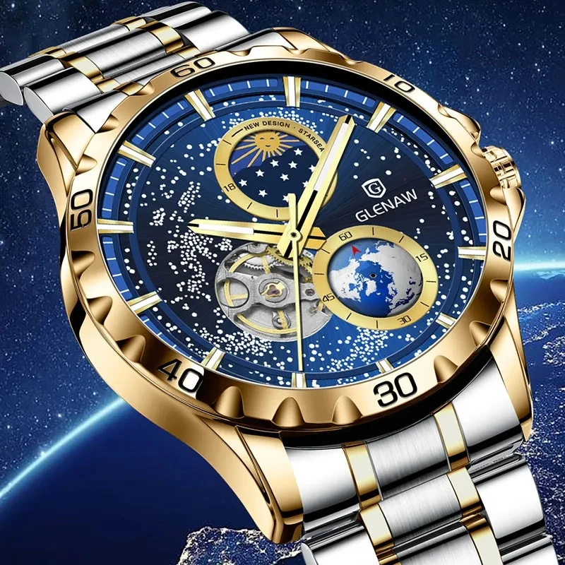 GLENAW Men\'s Leisure Timing Mechanical Wristwatch Moonlight Phase Waterproof Watch Tuo Flywheel Glow Stainless Steel Clock