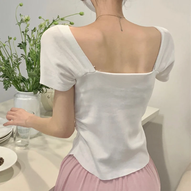 Square Collar T-shirts Women Clothing Knitted Elegant Office Lady Screw Thread Aesthetic Simple Tender Minority Vintage Basics