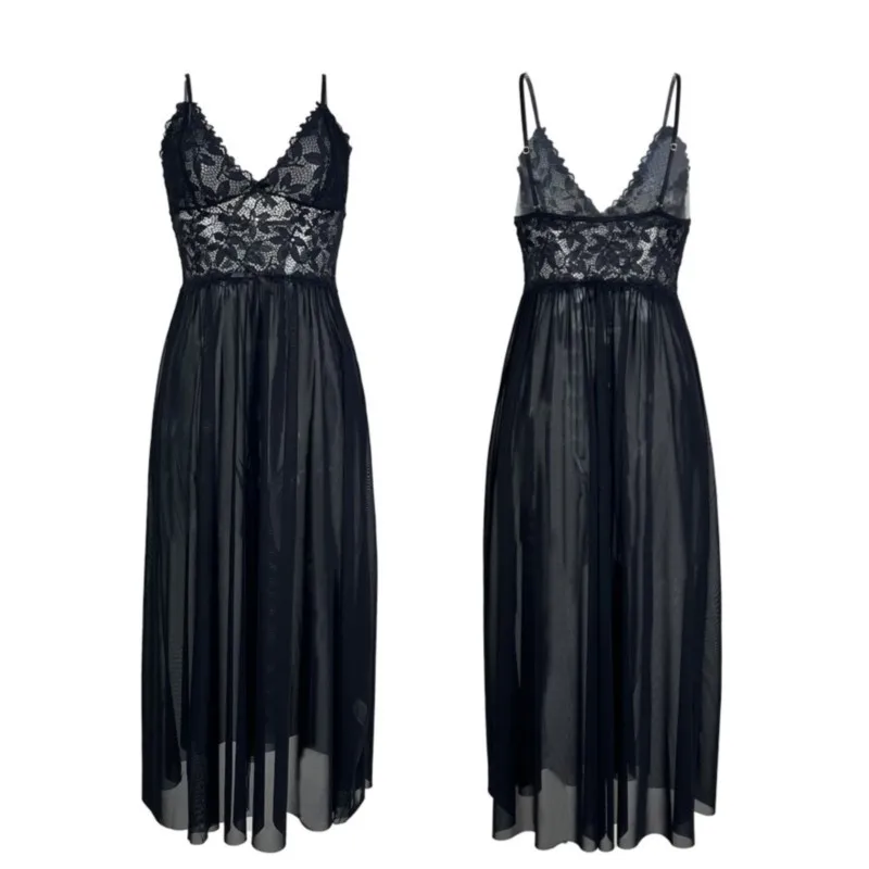 여성 v 넥 레이스 섹시한 잠옷 잠옷 메쉬 속이 빈 긴 슬릿 서스펜더 드레스 여성 홈웨어 나이트 의류