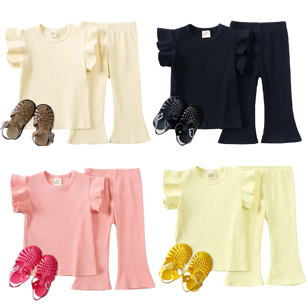 2026 sommer Junge Mädchen Rippen Stricken Outfits Solide Baumwolle Lounge T-shirt + Hosen Für Kleinkind Kinder Casual Kleidung Kinder outsuit – Detail 2