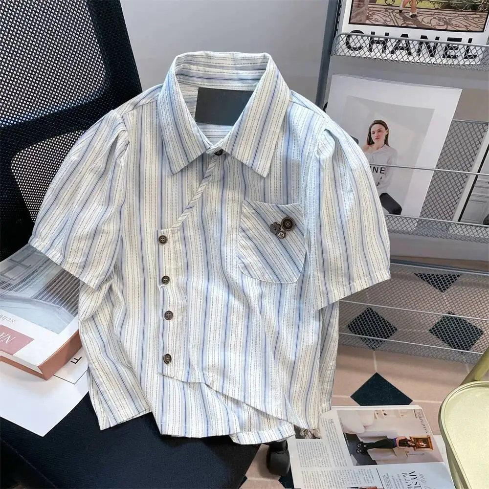 2026 Summer New Irregular Cropped Shirt Unisex Retro Striped Short Sleeve Top Preppy Style Unique Casual Blouse for Daily Wear