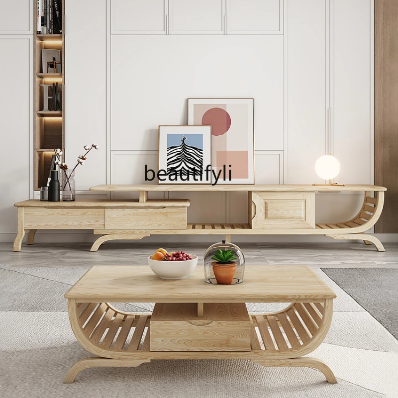 

Solid Wood Tea Table Modern Cream Style Ash Wood Color Multi-Functional Nordic Coffee Table TV Cabinet