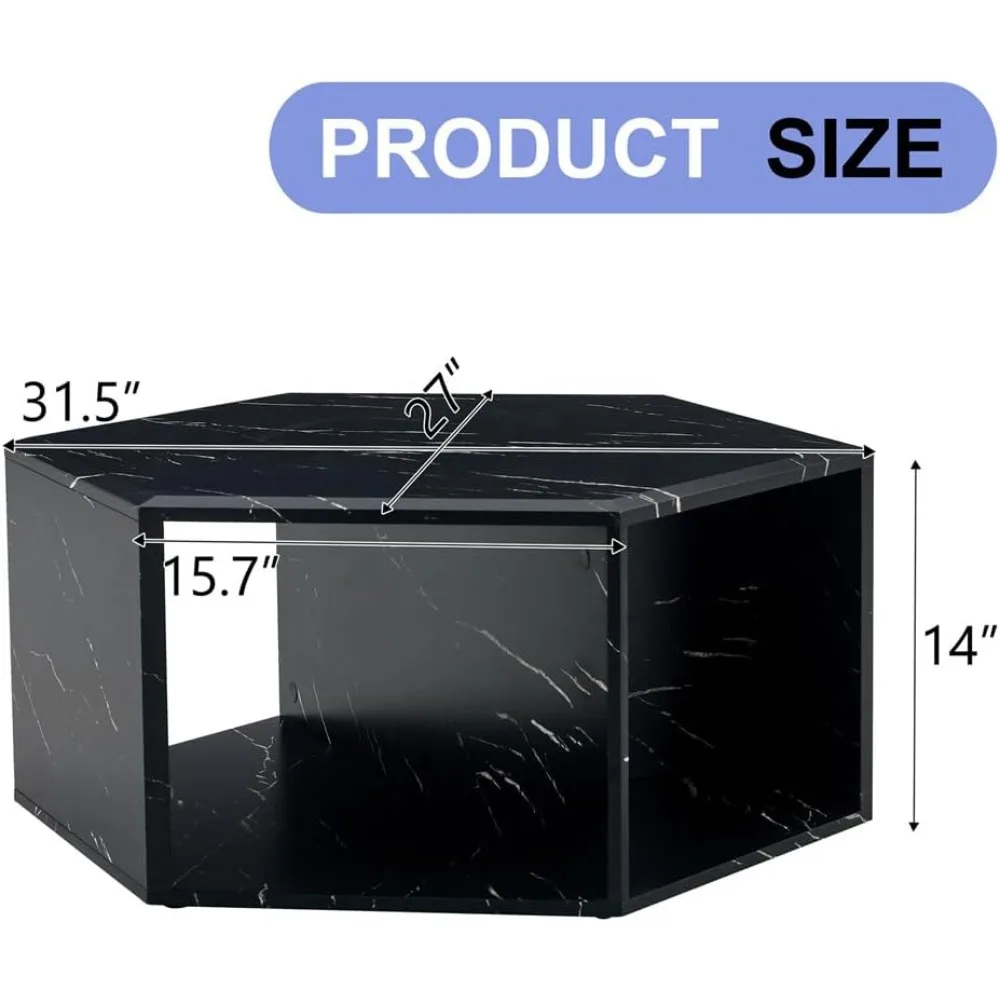 Faux Marble Coffee Table with Storage, Modern Hexagonal Living Room Table, Black Tabletop for Books and Decorative Items