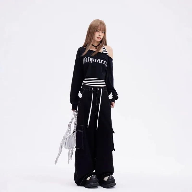 Deeptown Black Cropped Sweatshirts Women Y2k Off Shoulder 2000s Aesthetic Striped Two Pieces Sets Lace Up Gyaru Streetwear Retro