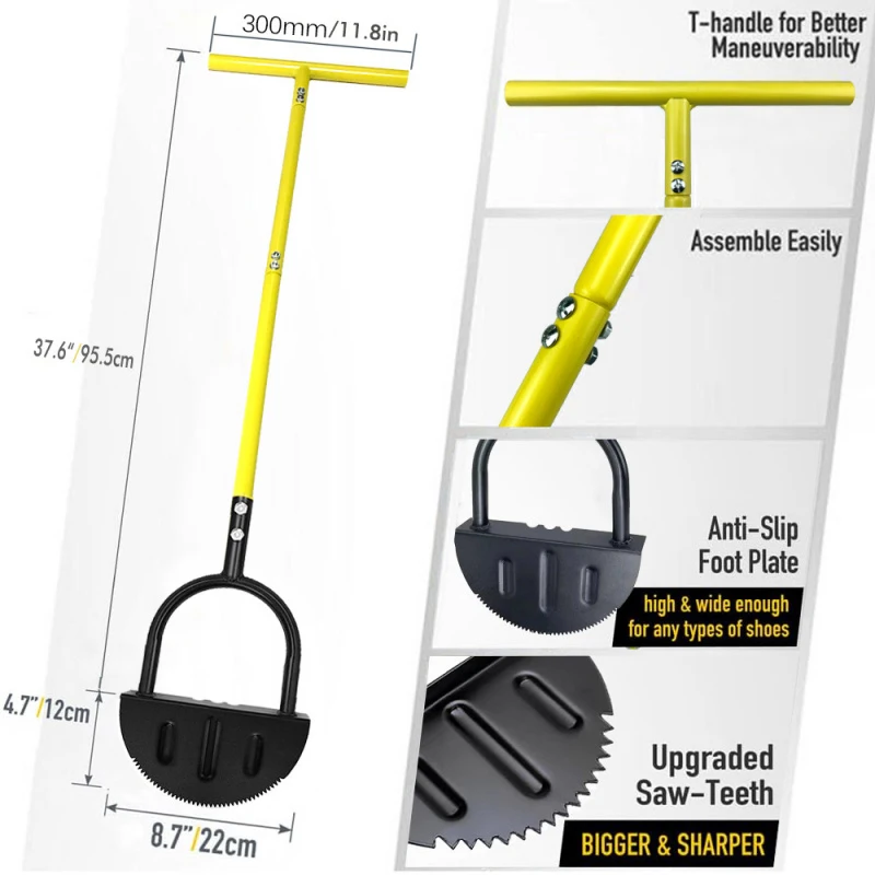 Manual Lawn Edger, Half-Moon Step Trimmer with Handle, Serrated Blade Garden Tool for Pavement & Border Cutting