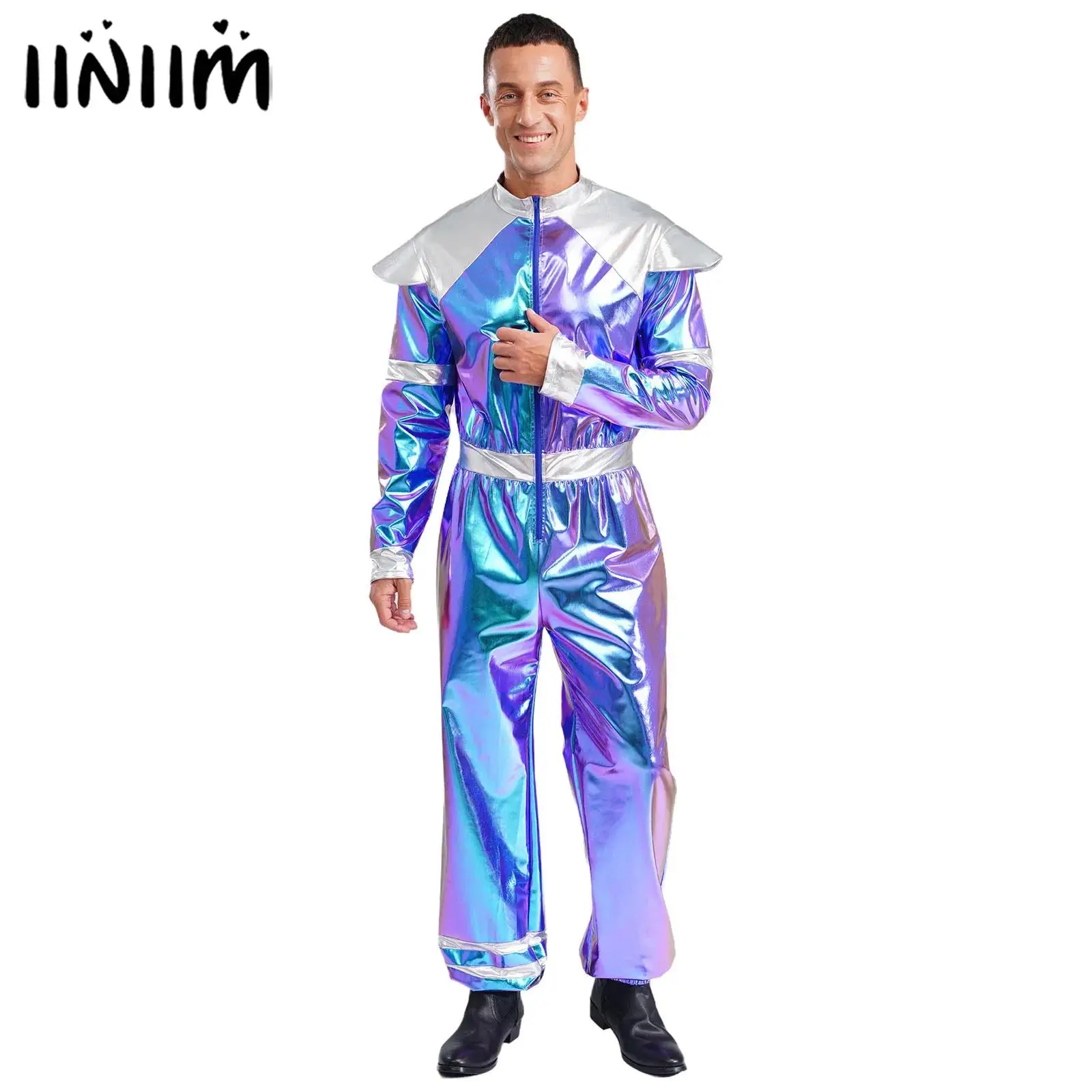 

Mens Retro Outer Space Alien Astronaut Pilots Cosplay Costume Halloween Outfits Shiny Metallic Long Sleeves Overalls Jumpsuit