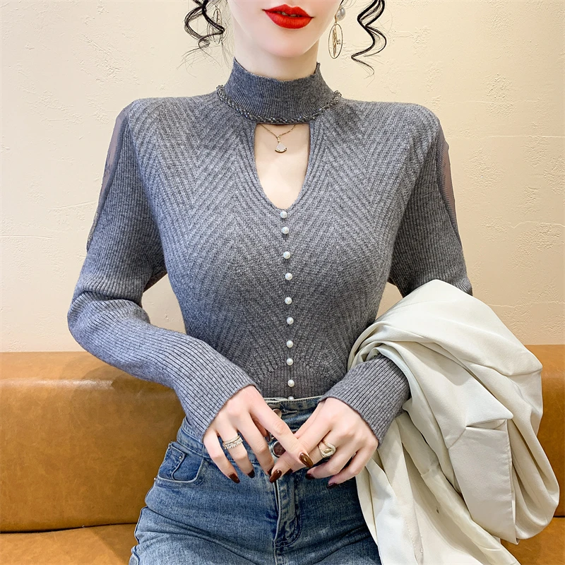 

2025, новинка, европейский, одежда, вязаный, свитер, женский, сексуальный, с воротником-стойкой, блестящий, бисер, лоскутное шитье, сетка, длинный рукав, топы, 412142