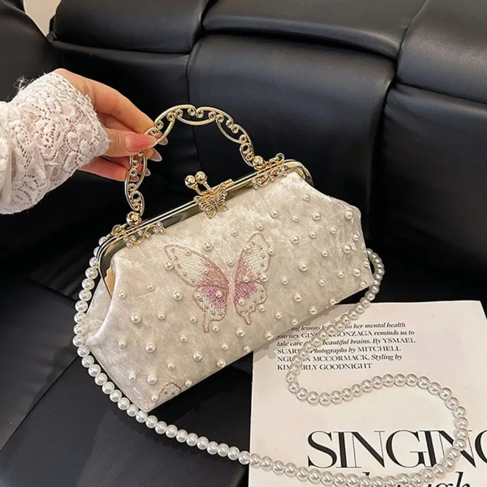 

Casual Pearl Chinese Style Handbag Butterfly Elegant Hanfu Clutch Bag with Handle Single Shoulder Embroidery Banquet Bag Women