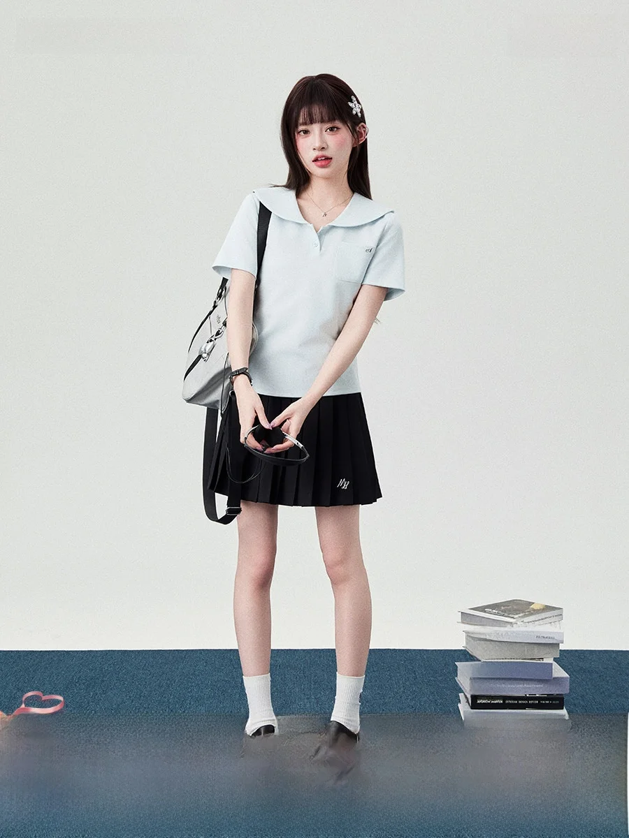 

Blue ort Sve Sailor Collar T-irt Set Women's Faion Spring Summer Outfit Original JK orm Sle Two-Piece Ensemble