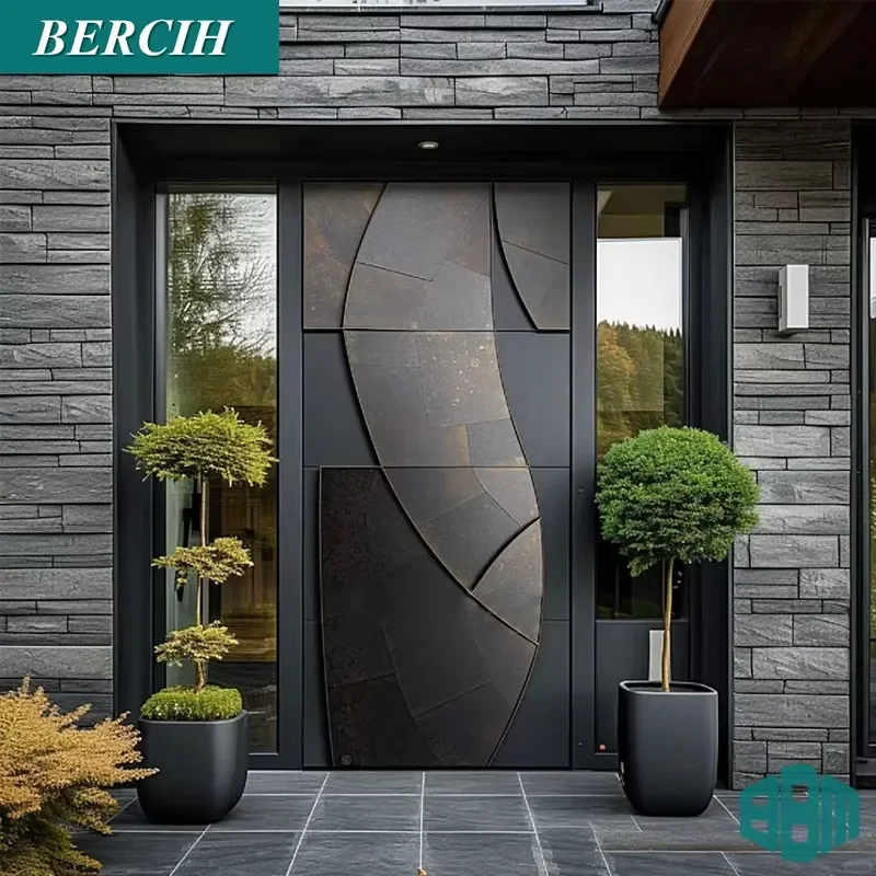 Customized Security Carved Cast Aluminum Front Door Residential Wooden Pivot Main Entrance Door Design
