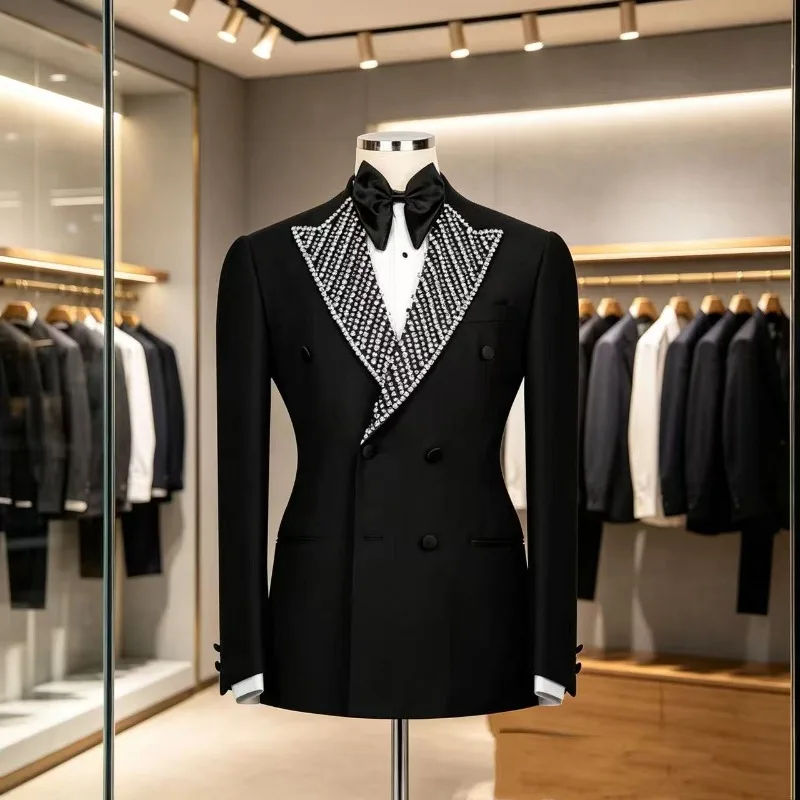 Luxury Slim Fit Wedding Tuxedo for Men with Beading Double Breasted Groom Tuxedo 2 Pieces for wedding prom gala formal wear