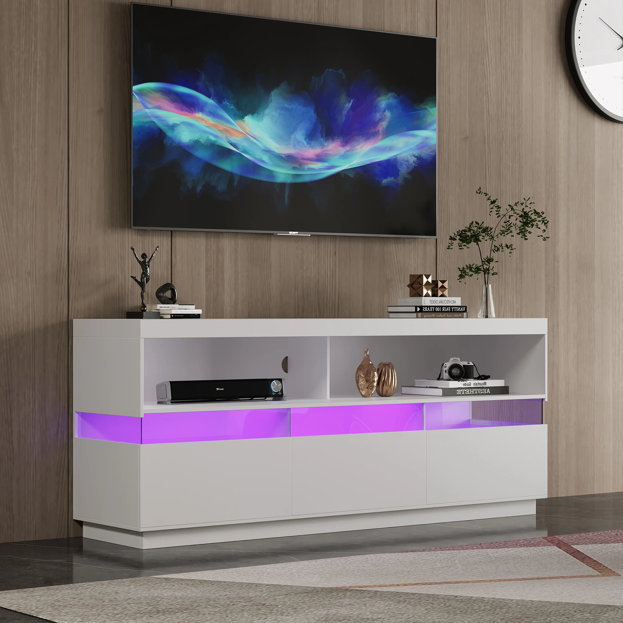 Two-Tier TV Cabinet 147×61×36.5cm ,16 Colors With LED Lighting ,4 Flashing modes and brightness modes,TV stand,White