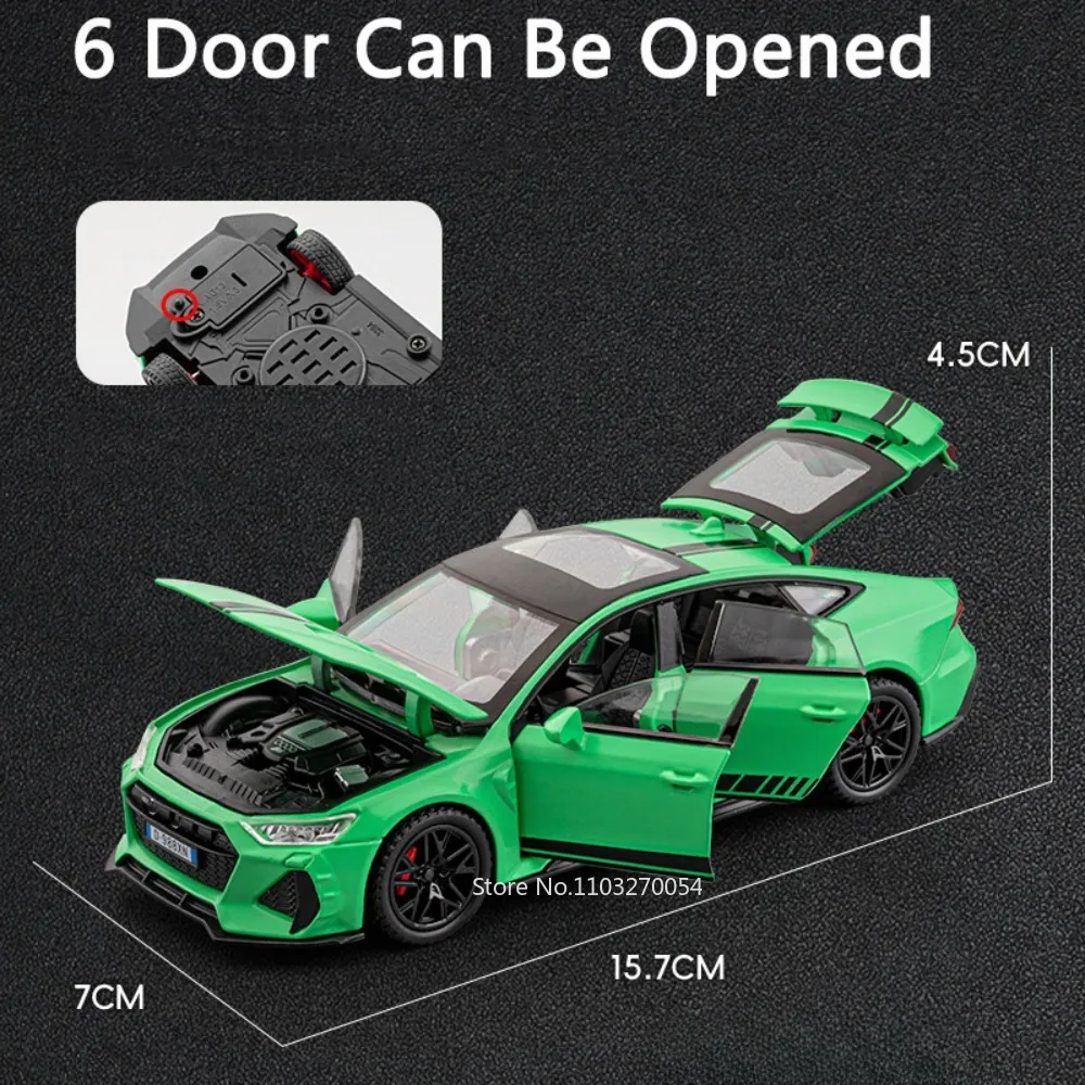 1/32 RS7 Toy Model Car Metal Diecast Models 6 Door Can Opened Sound Light Pull Back Rubber Tire Lift Tail Wing Toys for Boy Gift