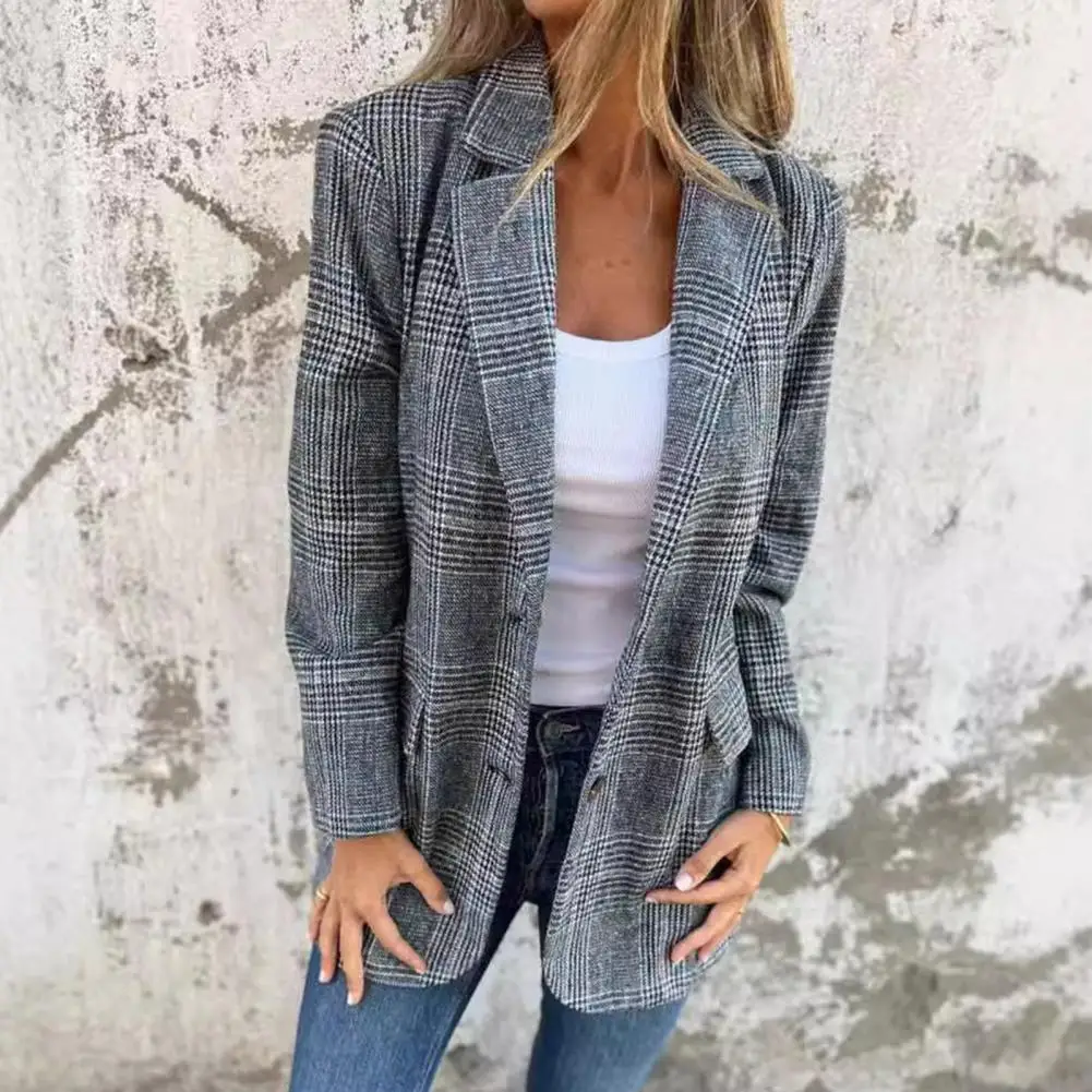 Women Suit Coat Houndstooth Print Single-Breasted Cardigan Suit Jacket With Flap Pockets Loose Fit Long Sleeve Business Outwear