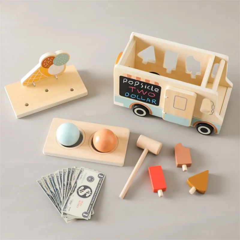 Carros de madeira para bebês, blocos de sorvete, brinquedo, reconhecimento de cores, jogo de simulação, exercício removível, habilidades práticas, educação, brinquedo montessori