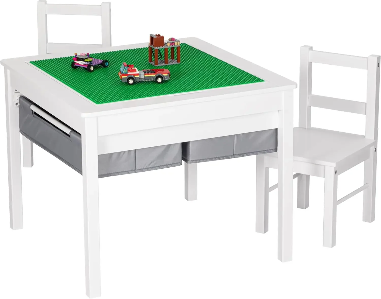 Conjunto de mesa de jogo de construção e 2 cadeiras com gavetas de armazenamento e placa embutida compatível com tijolos Lego e Duplo (branco w