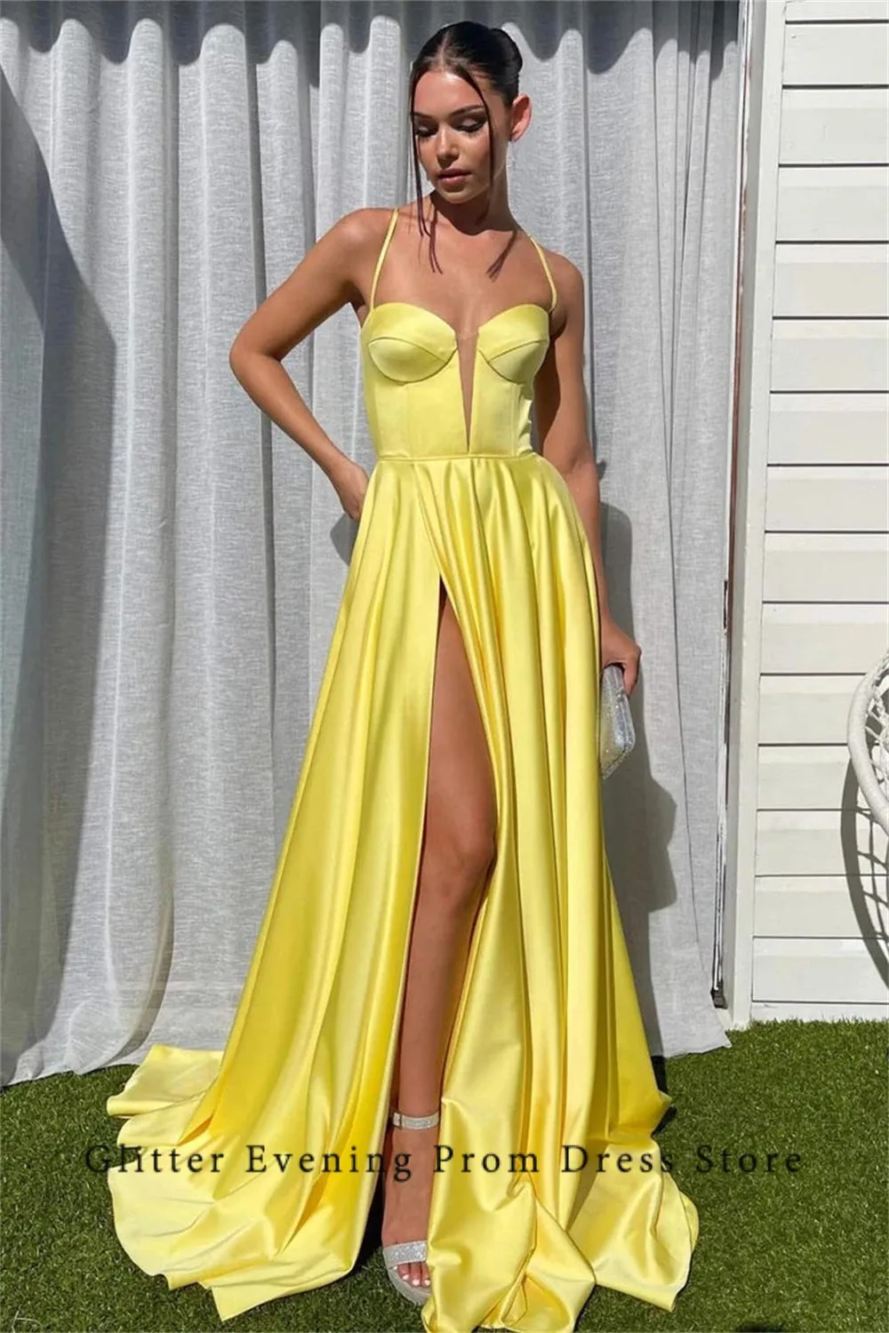 

2024 Yellow Simple Sexy Prom Dresses A-Line Split Slide Satin Sweetheart Backless Lace Up Custom Birthday Evening Party Dresses