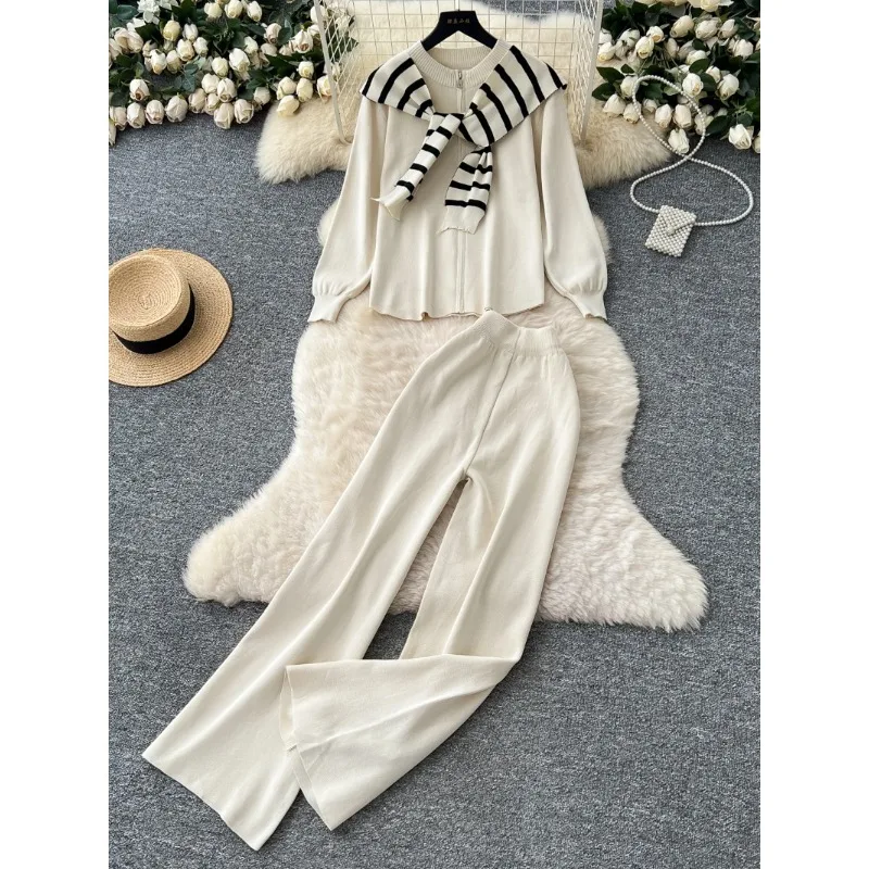 

Повседневный брючный костюм, женский свободный вязаный свитер с круглым вырезом на молнии и длинными рукавами, топы, полосатая шаль, брюки с высокой талией, женские брюки из 2 предметов